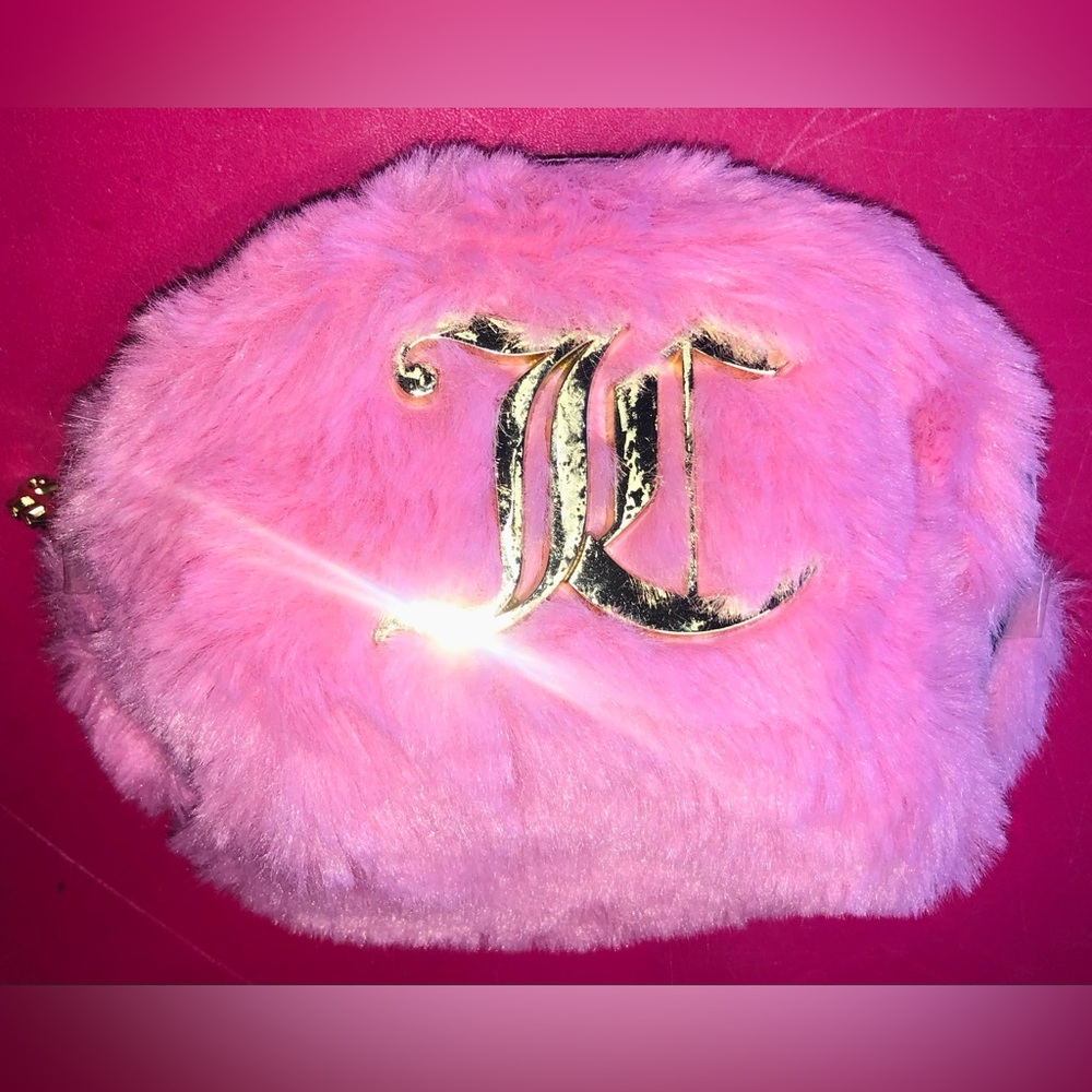 Pink FauxFur Fuzzy Juicy Couture Cosmetic Pouch Gold MakeUp AirPods Accessories